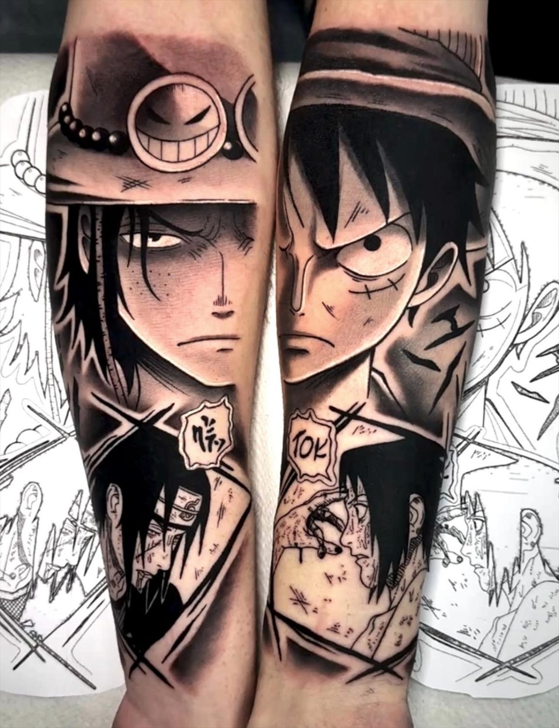 Tatuaje anime en blanco y negro por Adrián en Twin Bros Tattoo